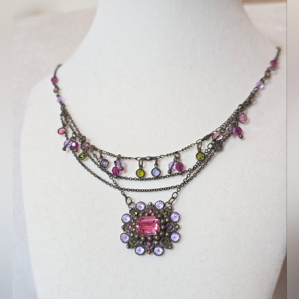 Sorrelli Retired - Multi-Strand Crystal Necklace – Pink & Lavender Vintage Style